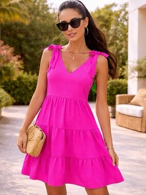 Lilly Pulitzer Blisslyn Dress Pink Tiered Bow Shoulder NWT Size M